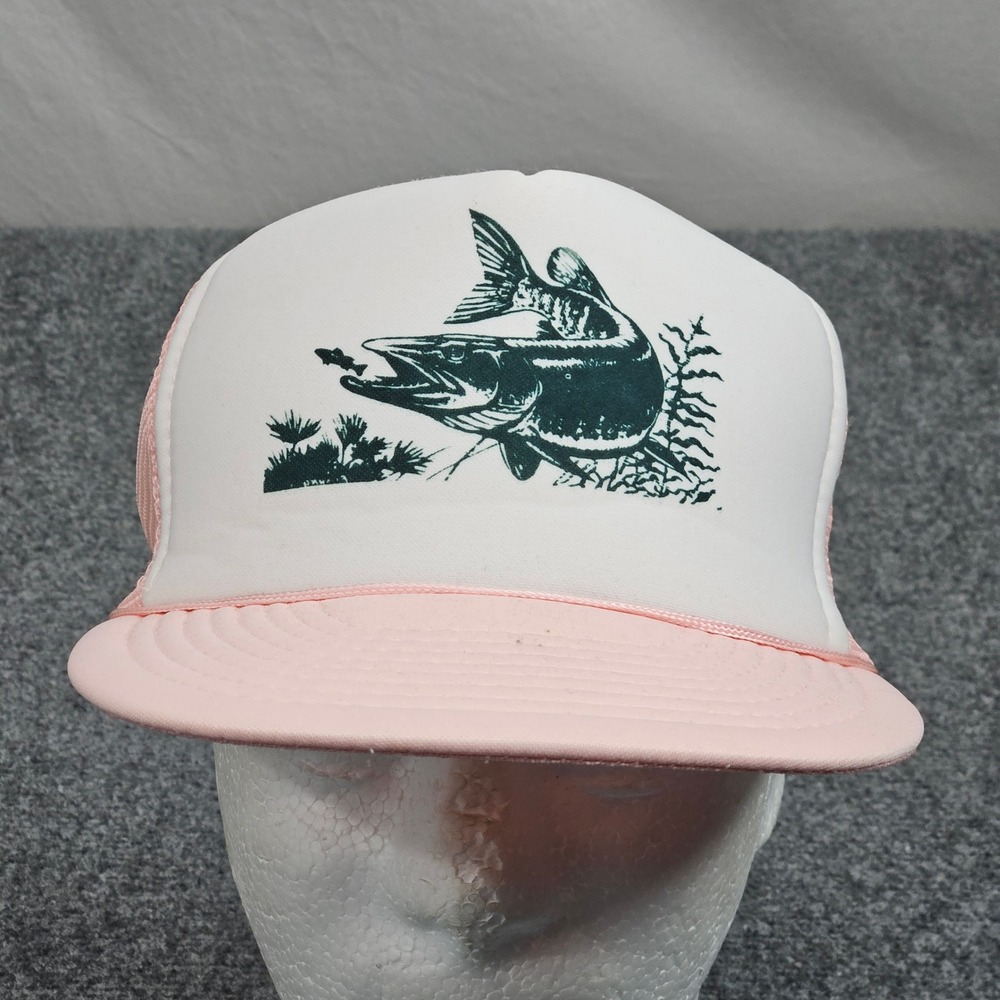 Vintage 80s Fishing Trucker Hat Pink White Fish Graphic Snapback Cap Outdoors‎